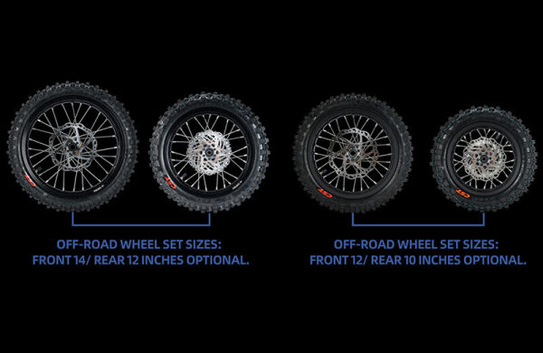 OFF-ROAD WHEELSET SET 2 sizes to choose from: FRONT 14/ REAR 12 INCHES OPTIONAL, FRONT 12/ REAR 10 INCHES OPTIONAL.