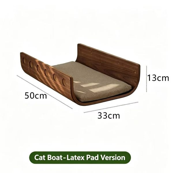 Cat Tree Wall-Mounted Boat Cat Bed with Soft Latex Cushion, Wooden Cat Perch Bed, Stylish Cat Wall Furniture for Indoor Cats