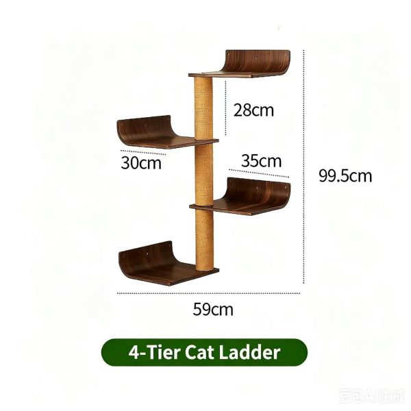 4-Tier Wall-Mounted Cat Climbing Ladder, Multi-Level Cat Tree with Sisal Scratching Post, Wooden Cat Steps for Indoor Cats Activity