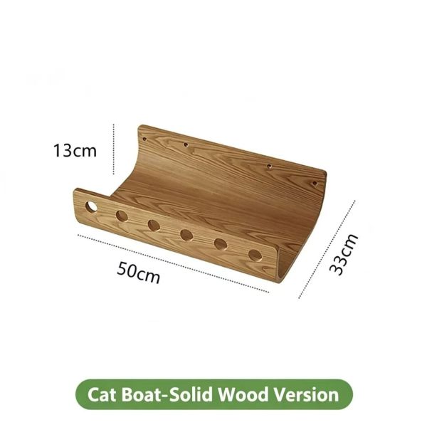 Wooden Wall-Mounted Cat Boat Bed with Soft Cushion, Curved Wooden Cat Perch Shelf for Indoor Cats
