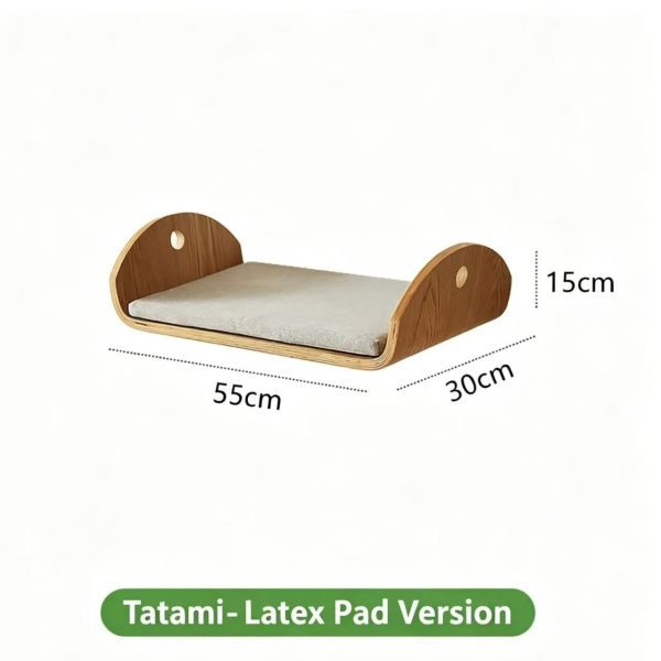 Wall-Mounted Wooden Cat Bed Shelf with Soft Latex Cushion, Cat Perch Bed for Indoor Cats
