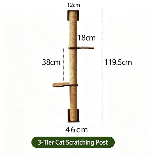 Wooden 3-Level Wall-Mounted Cat Scratching Post Cat Scratcher Pole with Platforms Cat Wall Tree for Climbing & Scratching