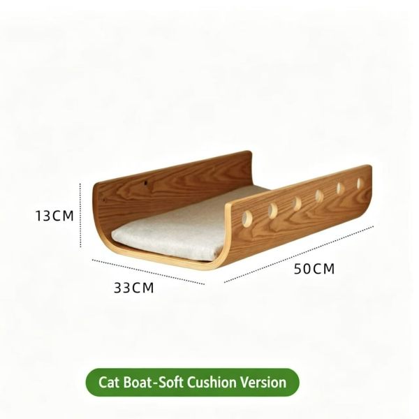 Wooden Wall-Mounted Cat Boat Bed with Soft Cushion, Curved Wooden Cat Perch Shelf for Indoor Cats Wooden Wall-Mounted Cat Boat Bed with Soft Cushion, Curved Wooden Cat Perch Shelf for Indoor Cats