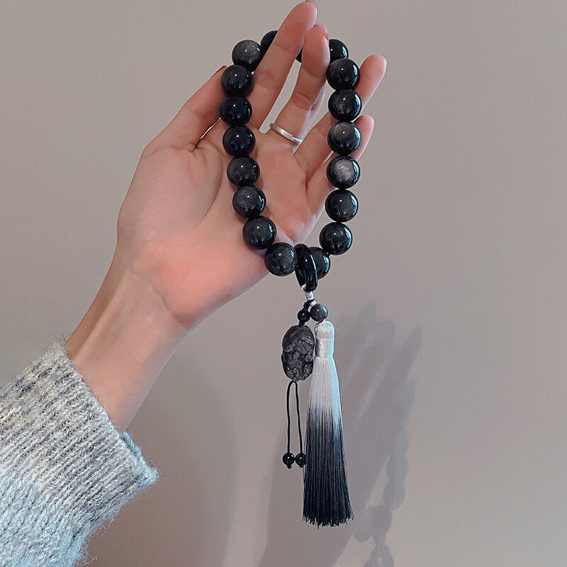 Cross-border original natural obsidian and silver obsidian hand-held 18-bead tassel lucky prayer beads bracelet for the Year of the Rabbit and the zodiac year