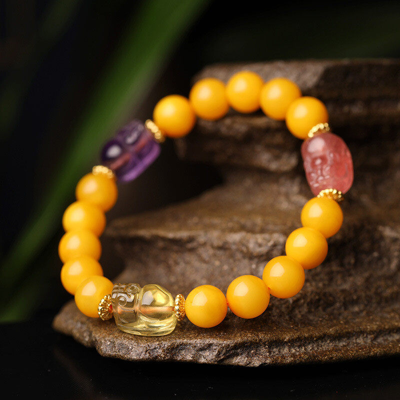 Natural amber bracelet, women's amber chicken oil yellow honey DIY crystal PI Xiu bracelet, round beads 8mm