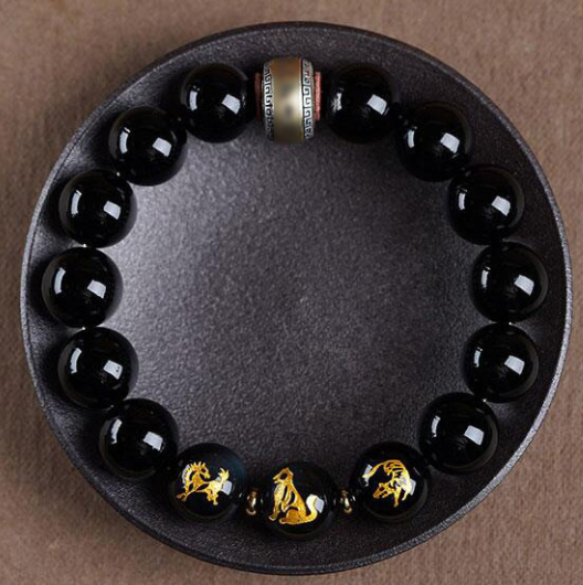 Obsidian bracelet, men's zodiac three-in-one bracelet, women's zodiac year of the Rabbit silver jewelry, cat's eye stone amulet and Buddhist prayer beads