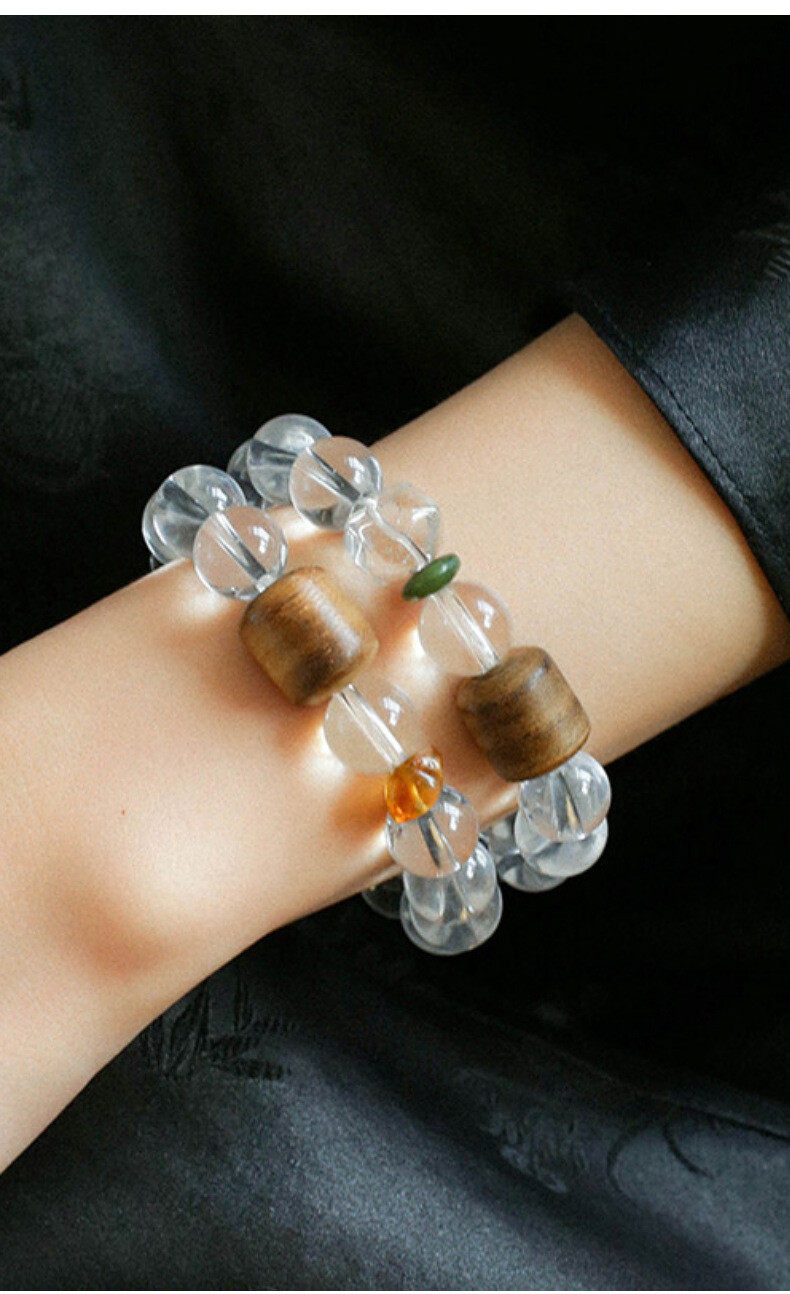 Natural white crystal 12mm3A round beads paired with agarwood sandalwood bracelet for men and women, new Chinese-style beaded bracelet, versatile