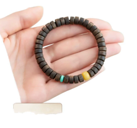 Natural agarwood bracelet, genuine, emotionally stable bracelet, green agarwood, amber, turquoise, cultural play, straight-cut sandalwood bracelet