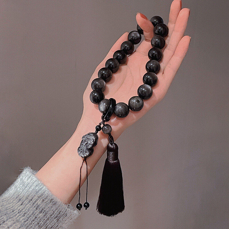 Cross-border original natural obsidian and silver obsidian hand-held 18-bead tassel lucky prayer beads bracelet for the Year of the Rabbit and the zodiac year