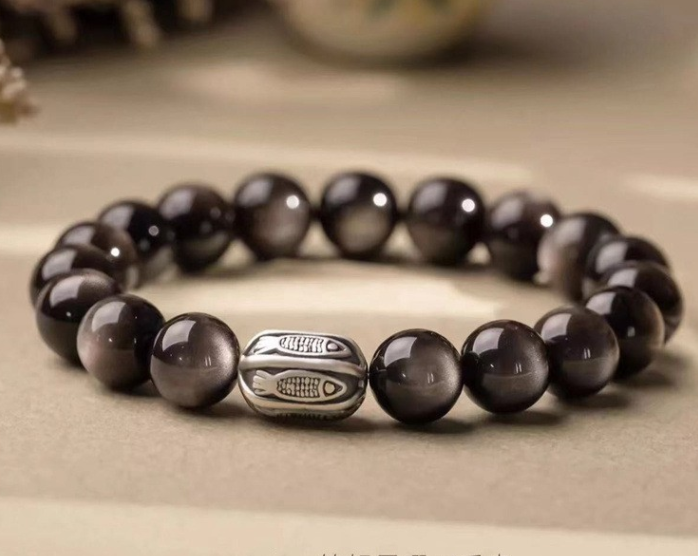 Natural obsidian bracelet for women, koi silver obsidian bracelet for couples, Dragon Year zodiac year bracelet, Buddhist prayer beads for men