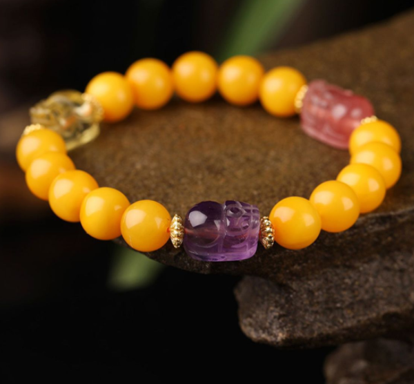 Natural amber bracelet, women's amber chicken oil yellow honey DIY crystal PI Xiu bracelet, round beads 8mm