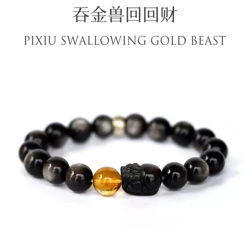 The PI Xiu Silver Obsidian bracelet with natural yellow crystal bracelet design is a couple's jewelry for giving as a gift