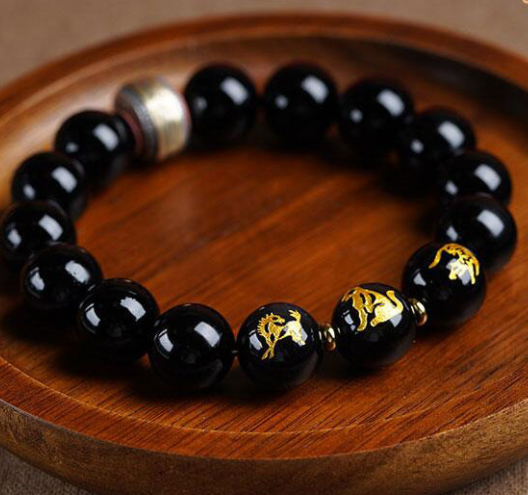 Obsidian bracelet, men's zodiac three-in-one bracelet, women's zodiac year of the Rabbit silver jewelry, cat's eye stone amulet and Buddhist prayer beads