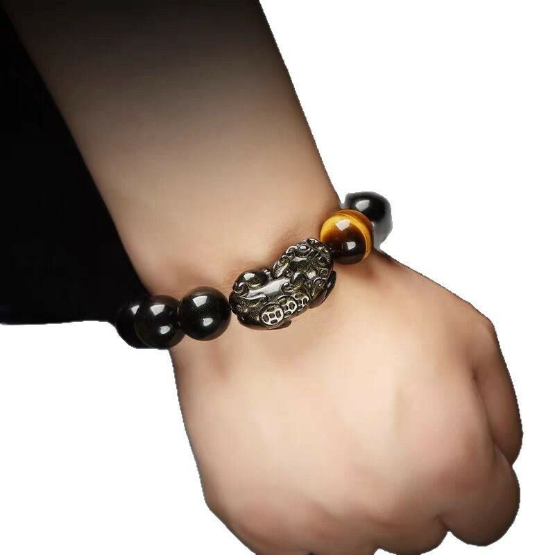 Natural golden obsidian back three-qian PI Xiu bracelet, male and female tiger eye stone fortune bead bracelet, zodiac zodiac Buddha hand ornament