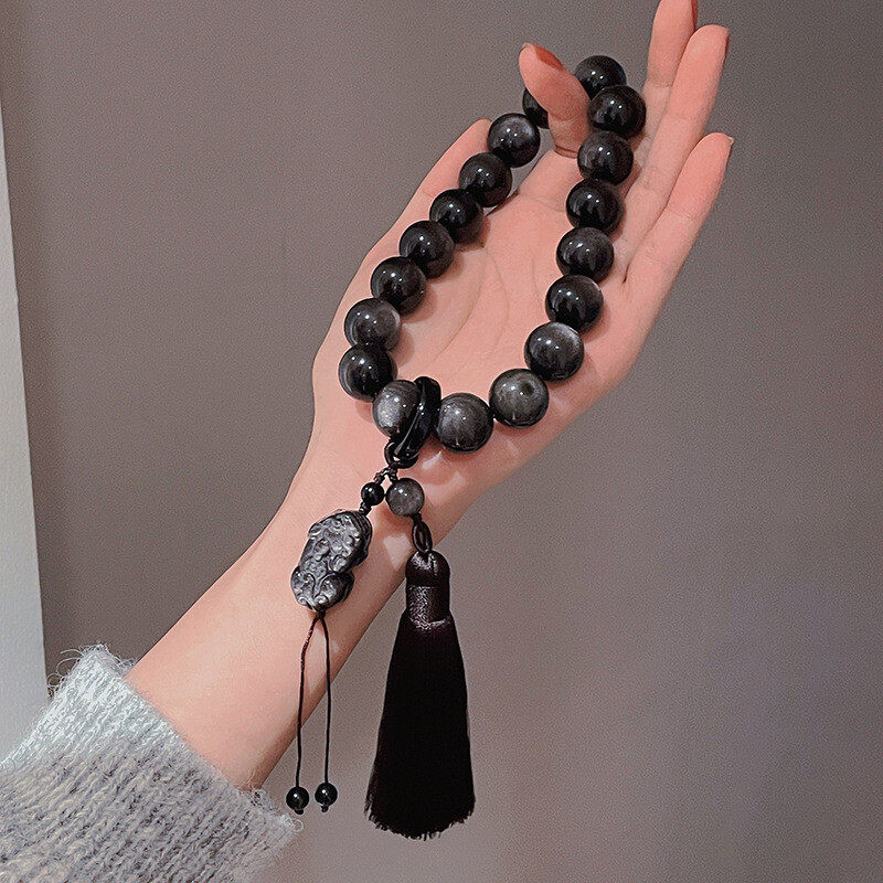 Cross-border original natural obsidian and silver obsidian hand-held 18-bead tassel lucky prayer beads bracelet for the Year of the Rabbit and the zodiac year