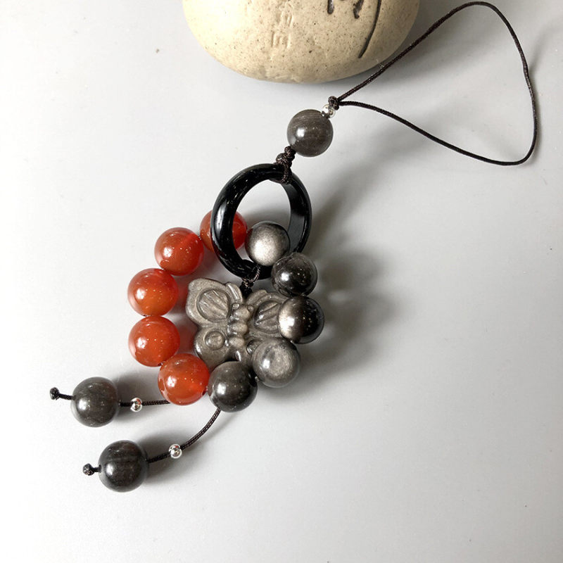 Natural silver obsidian lion dance running ring mobile phone pendant, bag pendant and accessory, versatile and light luxury style court accessory