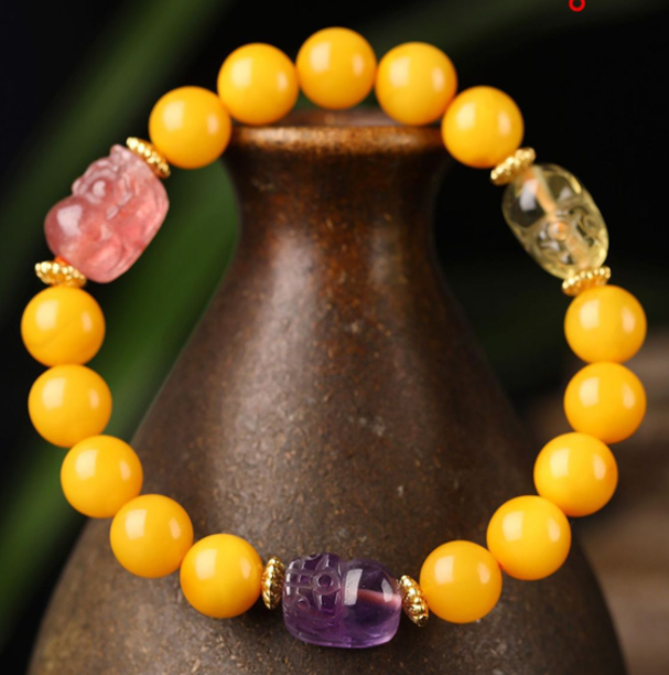 Natural amber bracelet, women's amber chicken oil yellow honey DIY crystal PI Xiu bracelet, round beads 8mm