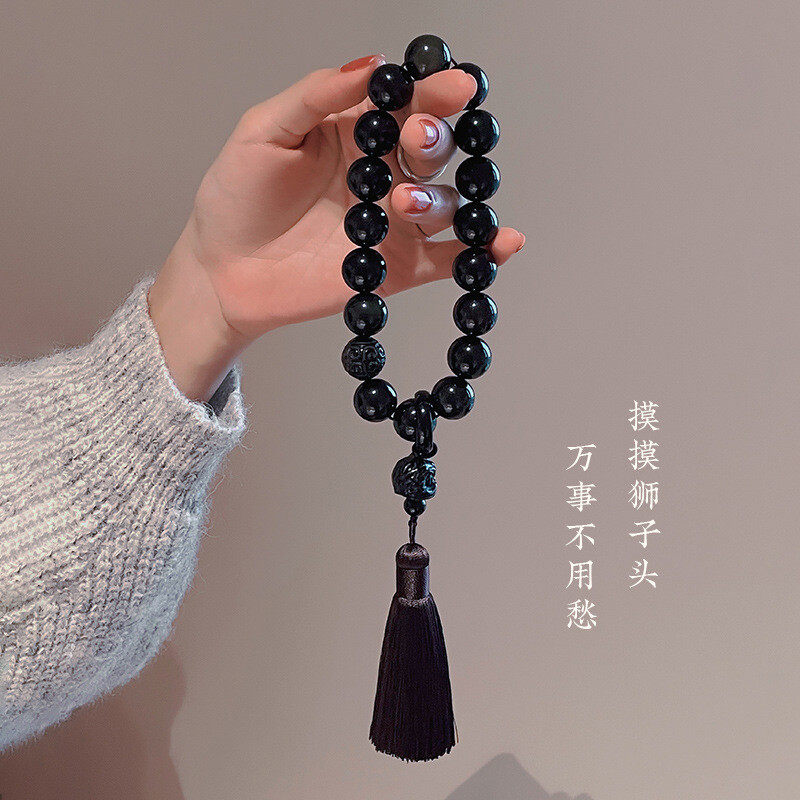 Cross-border original natural obsidian and silver obsidian hand-held 18-bead tassel lucky prayer beads bracelet for the Year of the Rabbit and the zodiac year