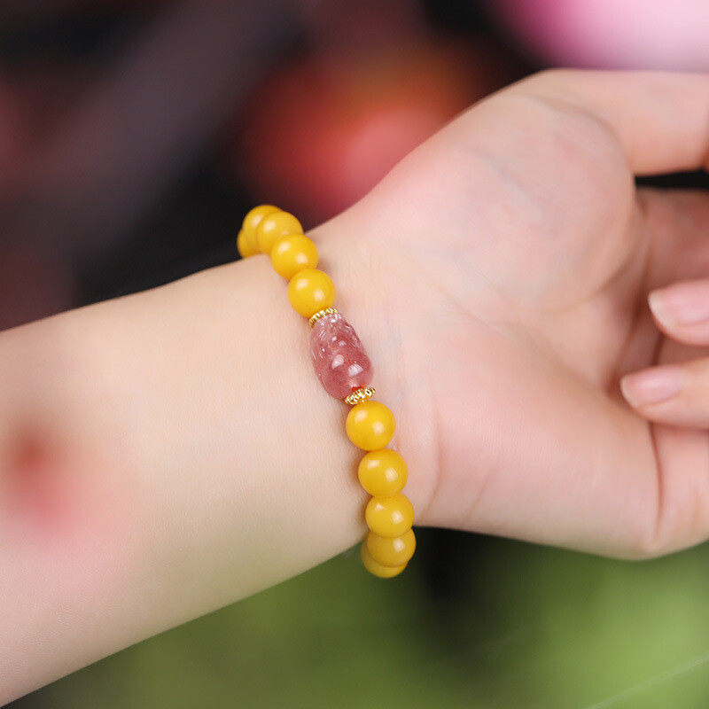 Natural amber bracelet, women's amber chicken oil yellow honey DIY crystal PI Xiu bracelet, round beads 8mm
