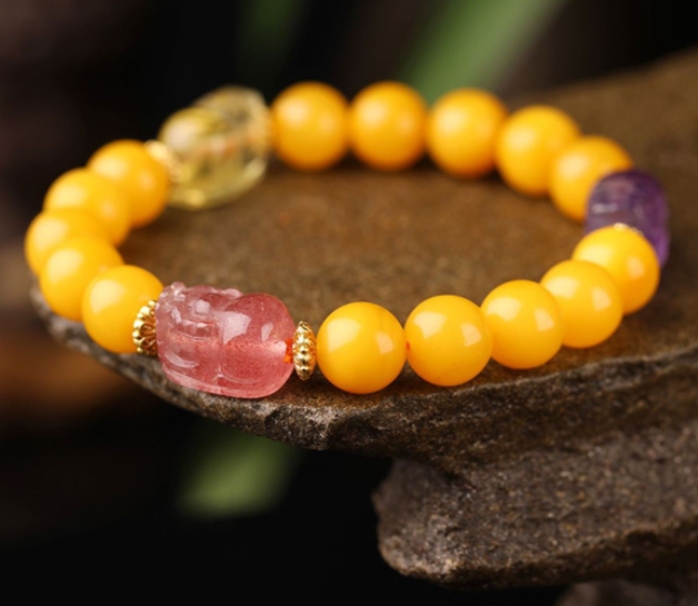 Natural amber bracelet, women's amber chicken oil yellow honey DIY crystal PI Xiu bracelet, round beads 8mm