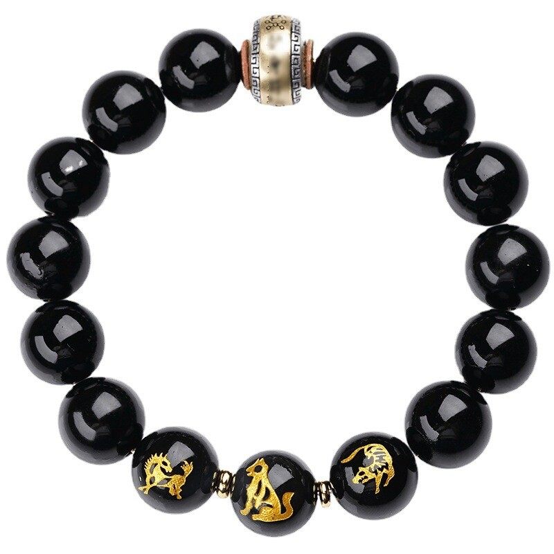 Obsidian bracelet, men's zodiac three-in-one bracelet, women's zodiac year of the Rabbit silver jewelry, cat's eye stone amulet and Buddhist prayer beads