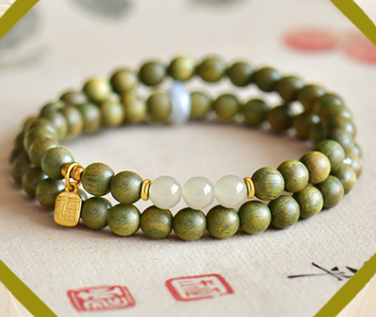 Putuo Mountain natural green sandalwood bracelet, Hetian jade women's wooden cultural play Buddhist prayer beads, sandalwood plate play bracelet, submersible grade