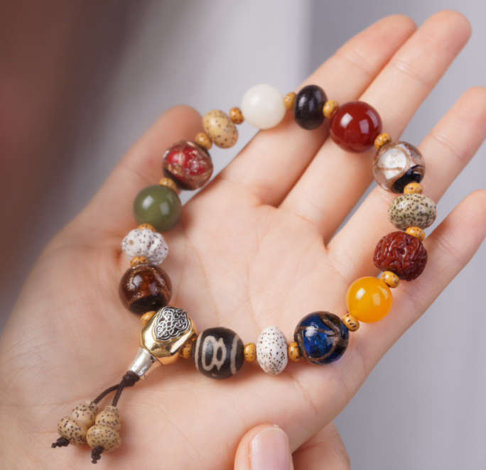 18-seed Multi-treasure Bead bracelet, Lingyin Buddhist Bead bracelet for men and women, red skin Vajra Star Moon agate multi-treasure prayer beads