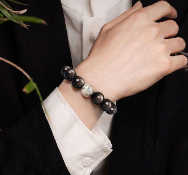 Cross-border obsidian bracelet for women, crystal and silver obsidian six-character motto for good luck and mood stability, men's Buddhist prayer beads