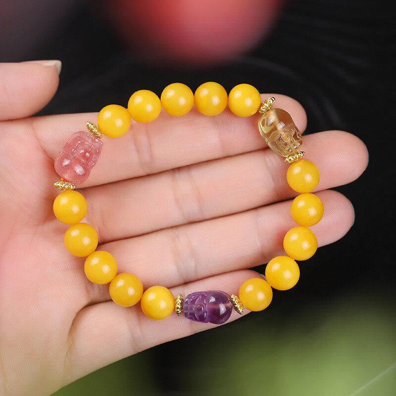 Natural amber bracelet, women's amber chicken oil yellow honey DIY crystal PI Xiu bracelet, round beads 8mm