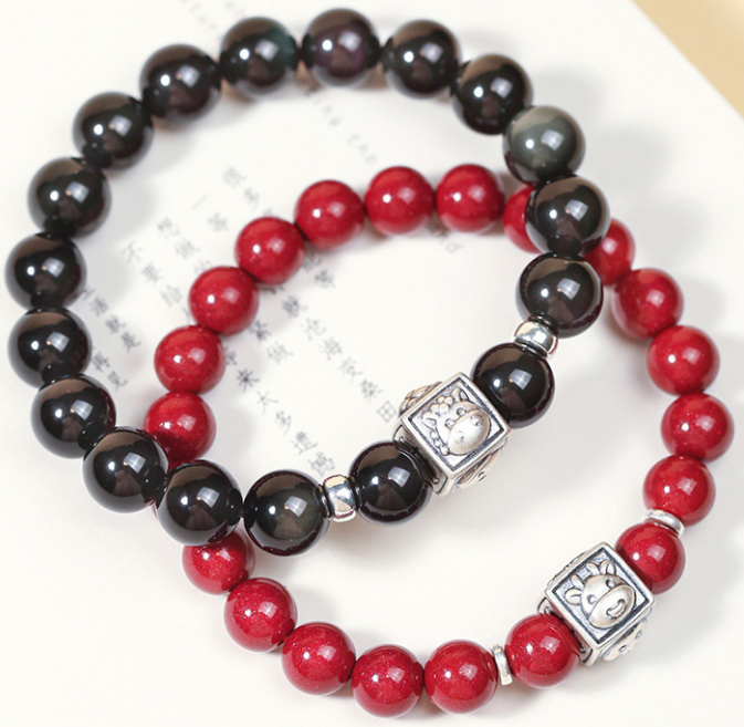 Obsidian bracelet, pure silver, and natural cinnabar for men and women in the zodiac year of the twelve Chinese zodiac signs