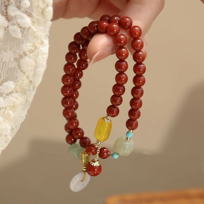 Natural red agate chalcedony women's bracelet with double ring beads, peace pendant design, perfect for your girlfriend as a bracelet
