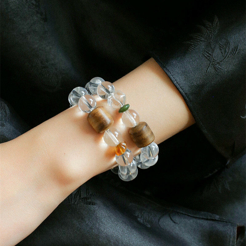 Natural white crystal 12mm3A round beads paired with agarwood sandalwood bracelet for men and women, new Chinese-style beaded bracelet, versatile