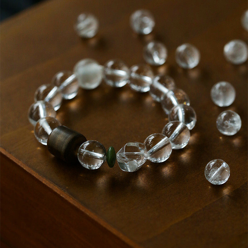 Natural white crystal 12mm3A round beads paired with agarwood sandalwood bracelet for men and women, new Chinese-style beaded bracelet, versatile