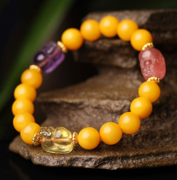Natural amber bracelet, women's amber chicken oil yellow honey DIY crystal PI Xiu bracelet, round beads 8mm