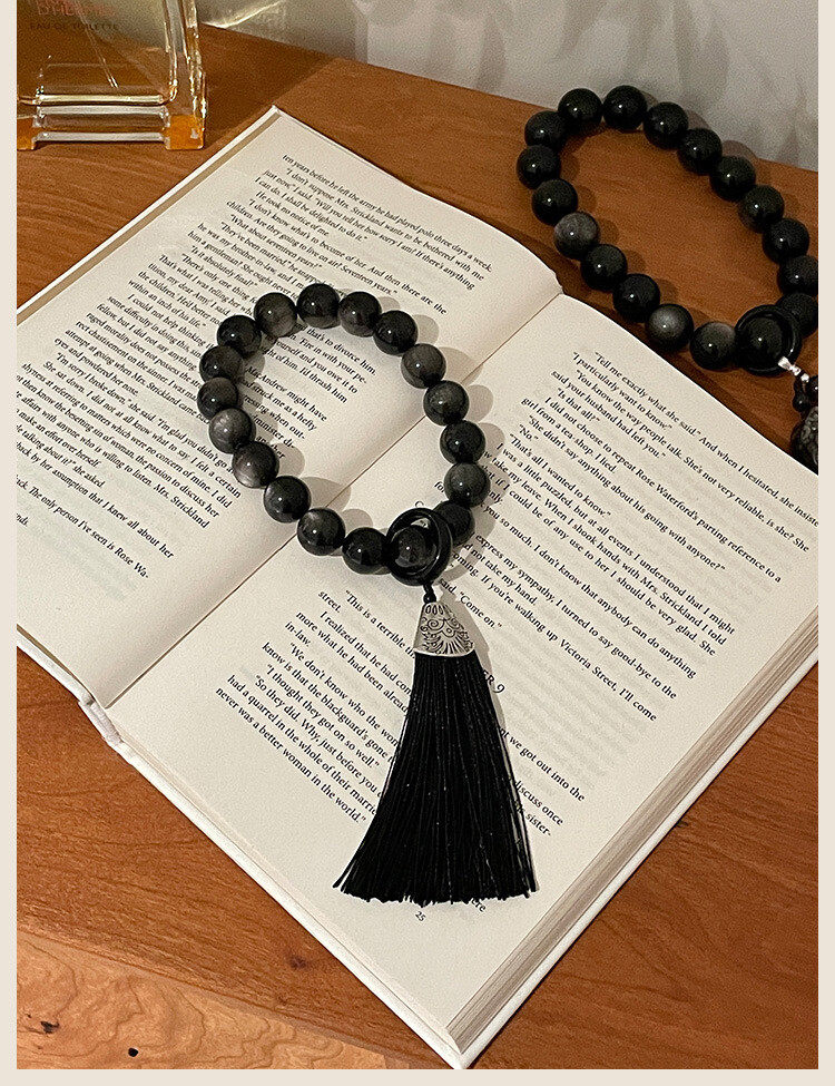 Cross-border original natural obsidian and silver obsidian hand-held 18-bead tassel lucky prayer beads bracelet for the Year of the Rabbit and the zodiac year