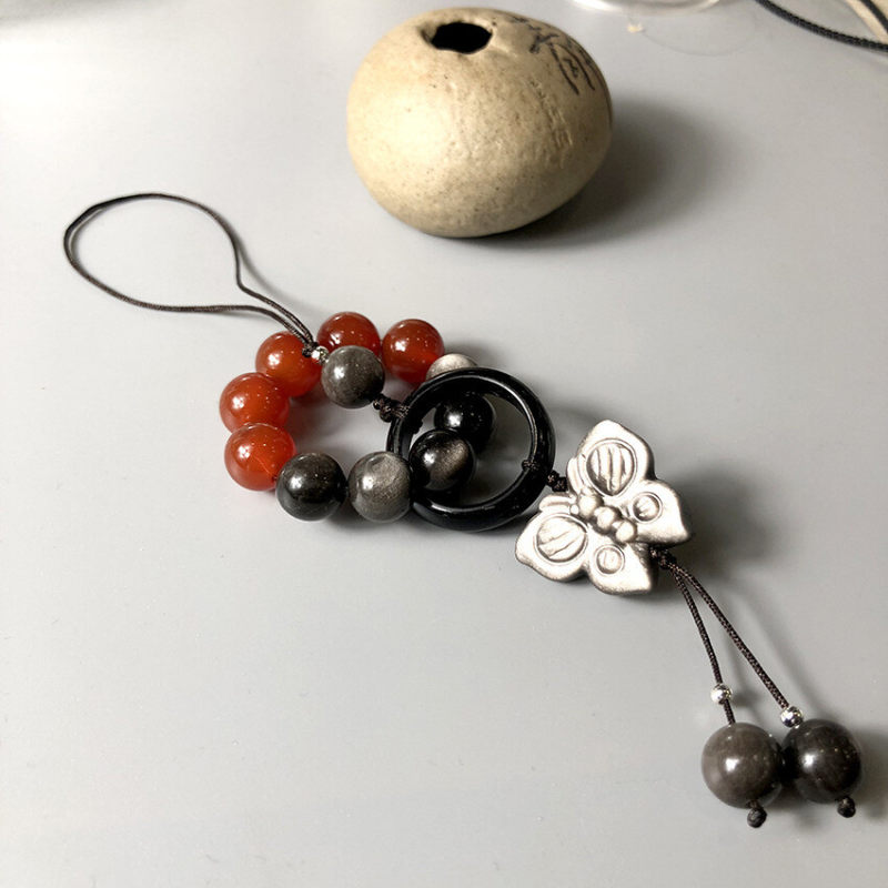 Natural silver obsidian lion dance running ring mobile phone pendant, bag pendant and accessory, versatile and light luxury style court accessory