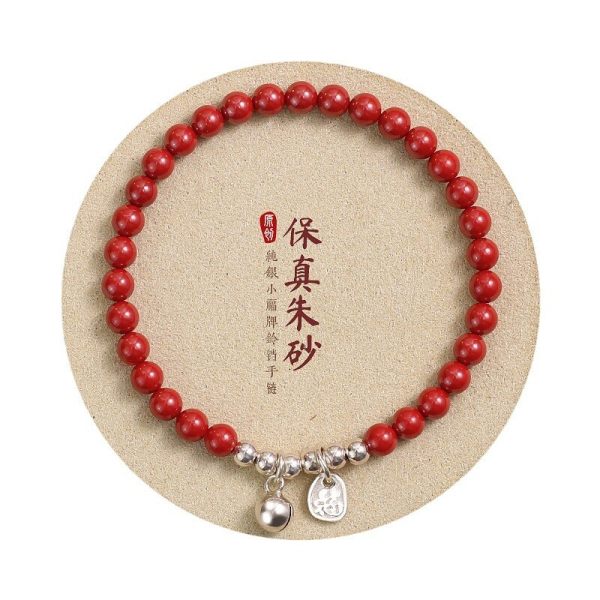 Natural and genuine cinnabar bracelet for women, official flagship store, pure silver bell bracelet, zodiac year jewelry