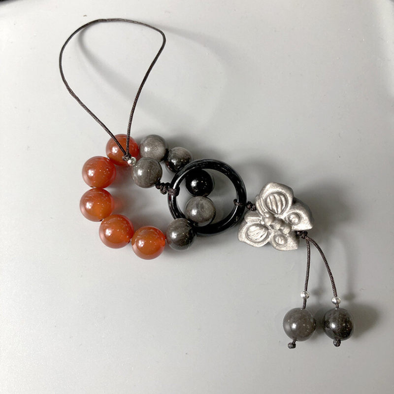 Natural silver obsidian lion dance running ring mobile phone pendant, bag pendant and accessory, versatile and light luxury style court accessory