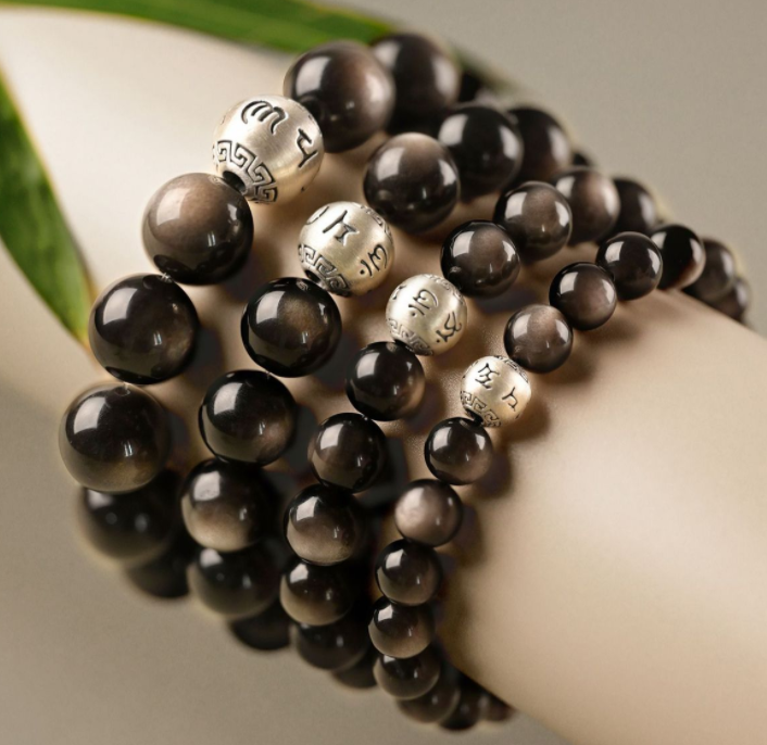Cross-border obsidian bracelet for women, crystal and silver obsidian six-character motto for good luck and mood stability, men's Buddhist prayer beads