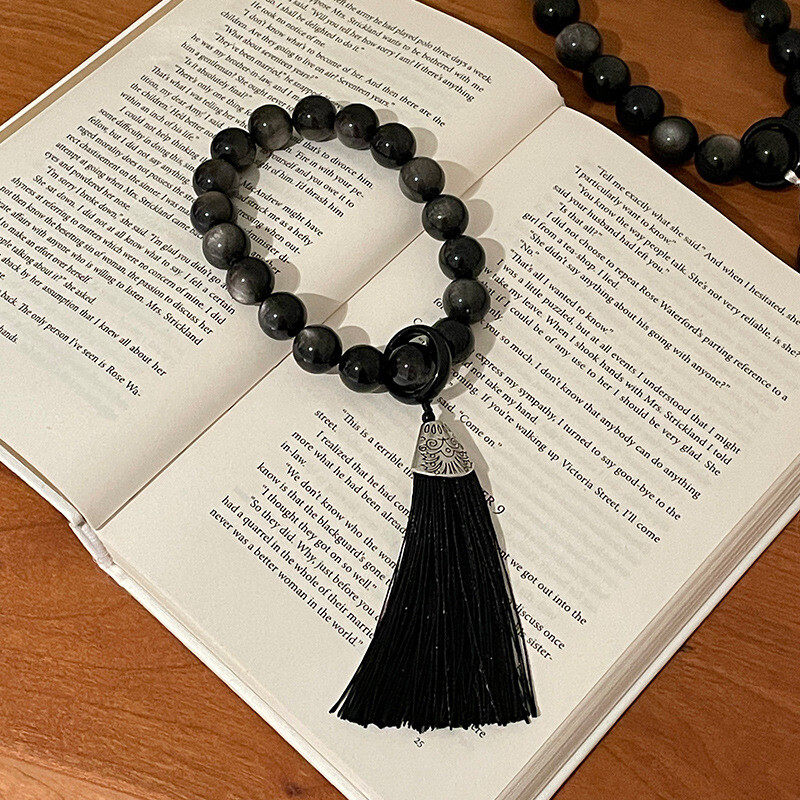 Cross-border original natural obsidian and silver obsidian hand-held 18-bead tassel lucky prayer beads bracelet for the Year of the Rabbit and the zodiac year