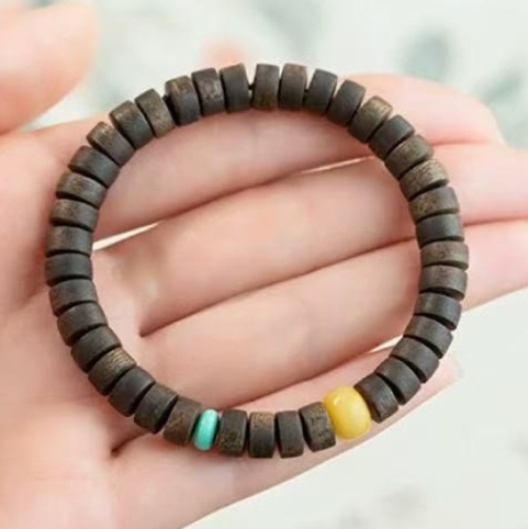 Natural agarwood bracelet, genuine, emotionally stable bracelet, green agarwood, amber, turquoise, cultural play, straight-cut sandalwood bracelet