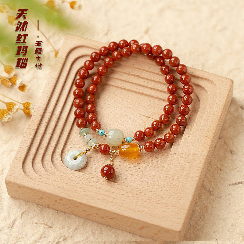 Natural red agate chalcedony women's bracelet with double ring beads, peace pendant design, perfect for your girlfriend as a bracelet