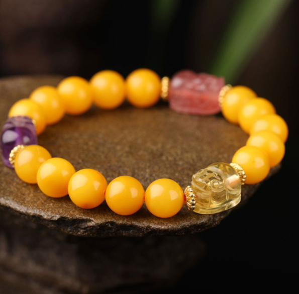 Natural amber bracelet, women's amber chicken oil yellow honey DIY crystal PI Xiu bracelet, round beads 8mm