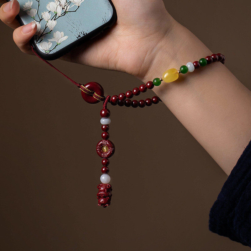 Cinnabar zodiac mobile phone pendant, mobile phone chain, pendant rope, wrist style, circle buckle, small pendant for men and women