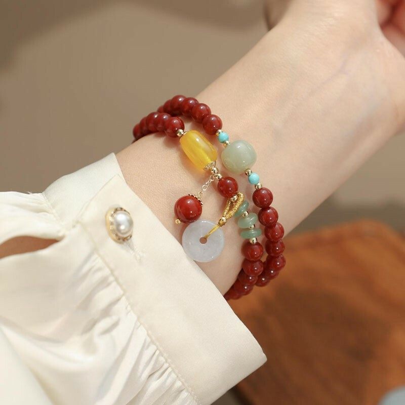Natural red agate chalcedony women's bracelet with double ring beads, peace pendant design, perfect for your girlfriend as a bracelet