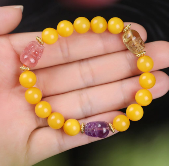 Natural amber bracelet, women's amber chicken oil yellow honey DIY crystal PI Xiu bracelet, round beads 8mm
