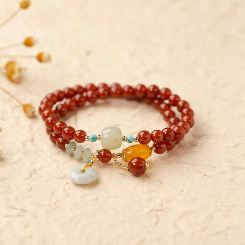 Natural red agate chalcedony women's bracelet with double ring beads, peace pendant design, perfect for your girlfriend as a bracelet