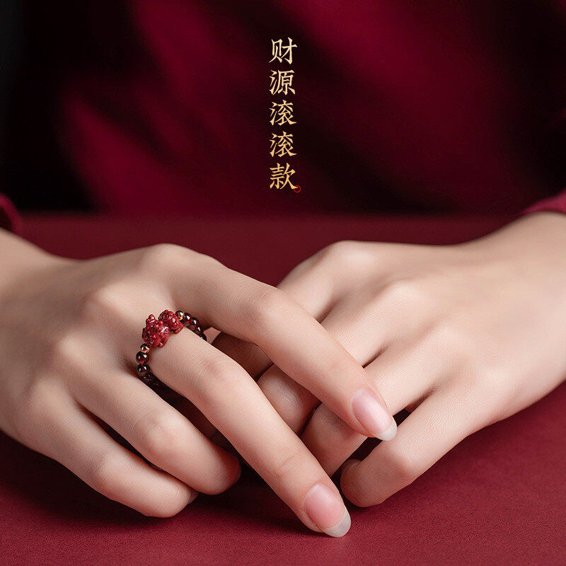 Original cinnabar bead ring, garnet index finger gold, PI Xiu ring tail, niche design ring, ancient style