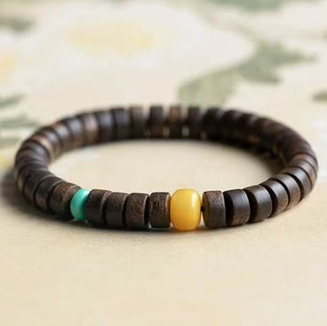 Natural agarwood bracelet, genuine, emotionally stable bracelet, green agarwood, amber, turquoise, cultural play, straight-cut sandalwood bracelet