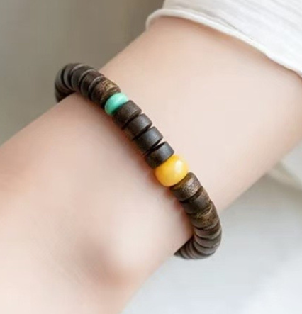 Natural agarwood bracelet, genuine, emotionally stable bracelet, green agarwood, amber, turquoise, cultural play, straight-cut sandalwood bracelet